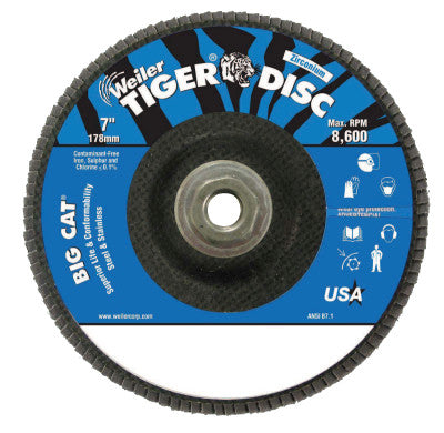 Weiler® Tiger® Big Cat® High Density Flap Disc, 7 in, 40 Grit, 5/8 in-11 UNC Arbor, 8,600 RPM, Type 27, 50843