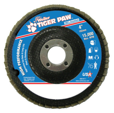 Weiler® Tiger Paw™ TY29 Coated Abrasive Flap Disc, 4", 60 Grit, 5/8 Arbor, 15,000 RPM, 51105