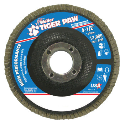 Weiler® Tiger Paw™ Coated Abrasive Flap Disc, 4-1/2 in, 36 Grit, 7/8 Arbor, Phenolic, 13,000 RPM, 51107