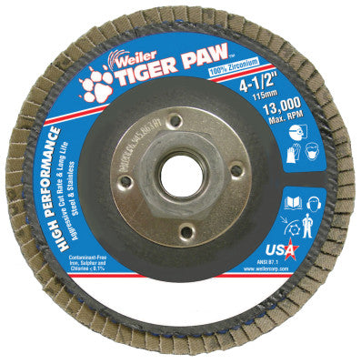 Weiler® Tiger Paw™ Coated Abrasive Flap Discs, 4 1/2", 36 Grit, 5/8 Arbor, Phenolic Back, 51112