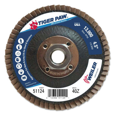 Weiler® Tiger Paw™ TY29 Coated Abrasive Flap Disc, 4 -1/2",40 Grit, 5/8 Arbor, 13,000 RPM, 51124