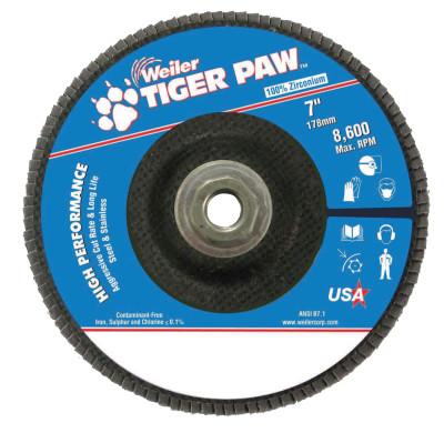 Weiler® Tiger Paw™ TY29 Coated Abrasive Flap Discs, 7", 40 Grit, 5/8 Arbor, 8,600 RPM, 51146