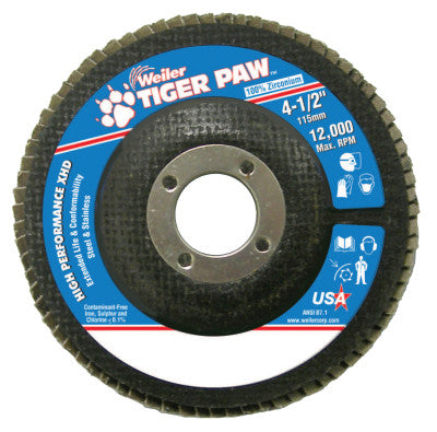 Weiler® Tiger Paw Coated Abrasive Flap Discs,4 1/2",36 Grit,7/8 Arbor,Phenolic,12000rpm, 51160