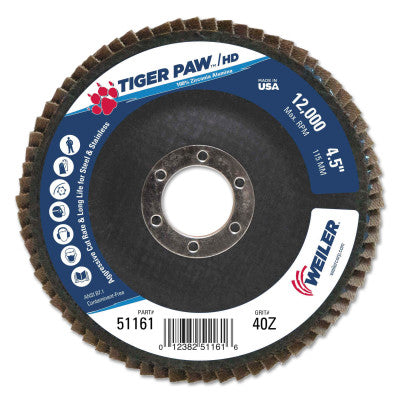 Weiler® Tiger Paw™ Super High Density Flap Disc, 4-1/2 in dia, 40 Grit, 7/8 in Arbor, 12,000 RPM, Type 27, 51161