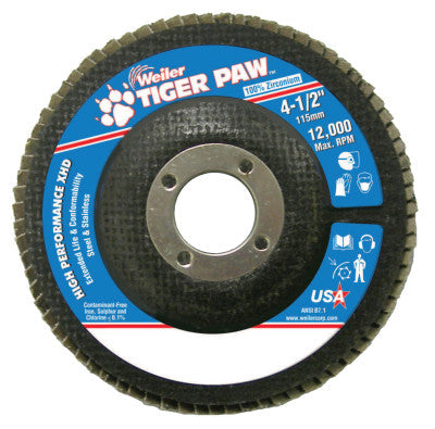 Weiler® Tiger Paw™ Super High Density Flap Disc, 4-1/2 in dia, 60 Grit, 7/8 in Arbor, 12,000 RPM, Type 27, 51162