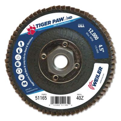 Weiler® Tiger Paw™ Super High Density Flap Disc, 4-1/2 in, 40 Grit, 5/8 Arbor, 12,000 RPM, 51165