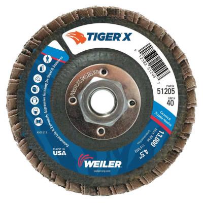 Weiler® Tiger® X Flap Disc, 4-1/2 in Angled, 40 Grit, 5/8 in to 11 Arbor, 51205