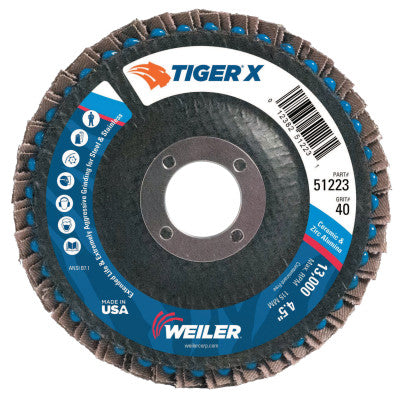 Weiler® Tiger® X Flap Disc, 4-1/2 in Flat, 40 Grit, 7/8 in Arbor, 51223