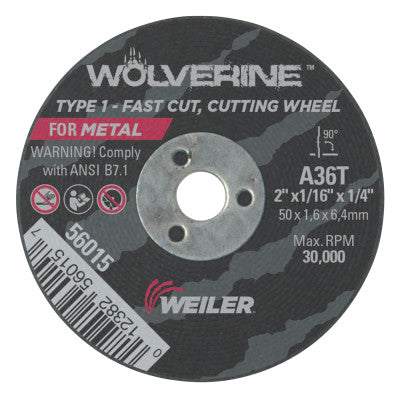 Weiler® Wolverine® Flat Type 1 Cutting Wheel, 2 in Dia, 1/16 in Thick, 36 Grit, Aluminum Oxide, 56015