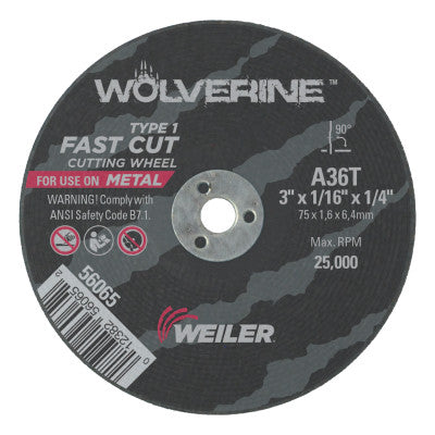 Weiler® Wolverine® Flat Type 1 Cutting Wheel, 3 in Dia, 1/16 Thick, 1/4 Arbor, 36 Grit, 56065