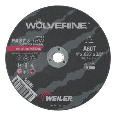 Weiler® Wolverine™ Flat Type 1 Cutting Wheel, 4 in Dia, .035 Thick, 3/8 Arbor, 60 Grit, 56080