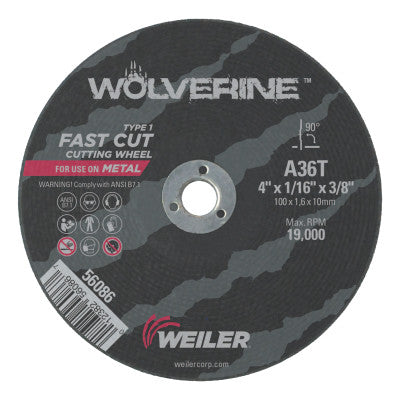Weiler® Wolverine® AO Flat Type 1 Cutting Wheel, 4 in Dia, 1/16 Thick, 3/8 Arbor, 36 Grit, 56086