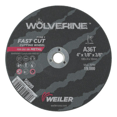 Weiler® Wolverine® AO Flat Type 1 Cutting Wheel, 4 in Dia, 1/8 Thick, 3/8 Arbor, 36 Grit, 56099