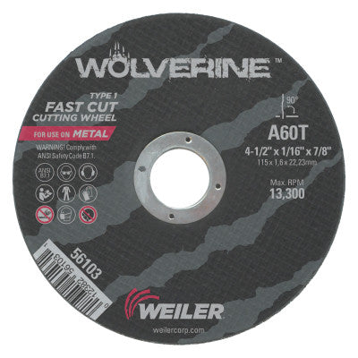 Weiler® Wolverine® AO Flat Type 1 Cutting Wheel, 5 in Diameter, 1/16 in Thick, 36 Grit, Alum Oxide, 56118