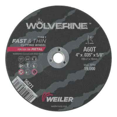 Weiler® Wolverine™ Flat Type 1 Cutting Wheel, 4 in Dia, .035 Thick, 5/8 Arbor, 60 Grit, 56271