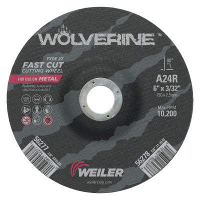 Weiler® Wolverine Thin Cutting Wheels, 6 in Dia, 3/32 Thick, 7/8 Arbor, 24 Grit, 56277
