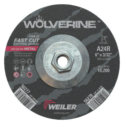 Weiler® Wolverine™ Thin Cutting Wheel, 6 in Dia, 3/32 Thick, 5/8 Arbor, 24 Grit, 56278