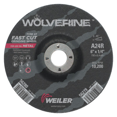 Weiler® Wolverine® Thin Cutting Wheel, 6 in Dia, 1/4 Thick, 7/8 Arbor, 24 Grit, 56280
