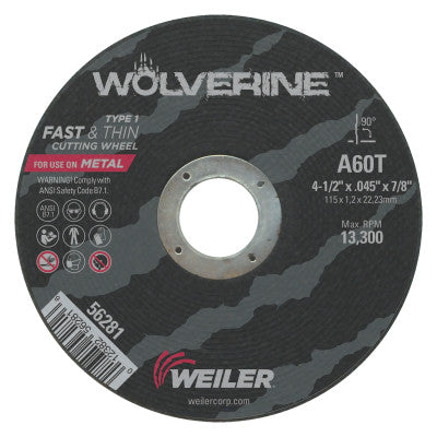 Weiler® Wolverine™ Flat Type 1 Cutting Wheel, 4-1/2 in Diameter x .045 in, 7/8 in Arbor, 60 Grit, AO, T Hardness, 56281