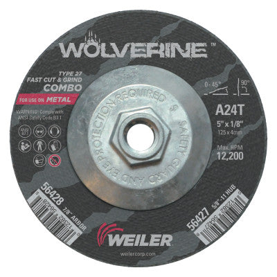 Weiler® Wolverine Combo Wheels, 5 in Dia, 1/8 in Thick, 5/8 in Arbor, 24 Grit, T, 56427