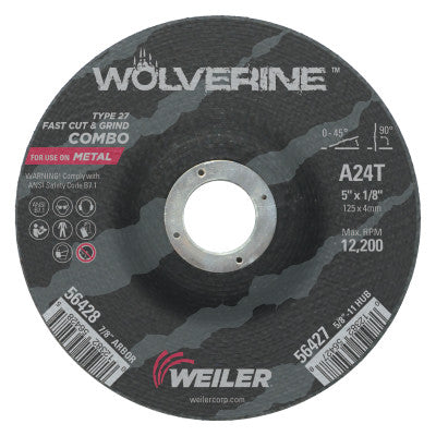 Weiler® Wolverine® Combo Wheel, 5 in Dia, 1/8 in Thick, 7/8 in Arbor, 24 Grit, T, 56428