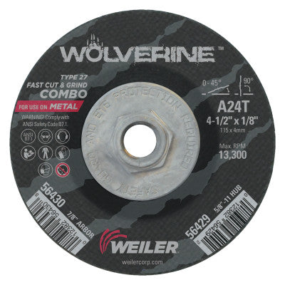 Weiler® Wolverine Combo Wheels, 4 1/2 in Dia, 1/8 Thick, 5/8 in - 11, Arbor, 24 Grit, R, 56429