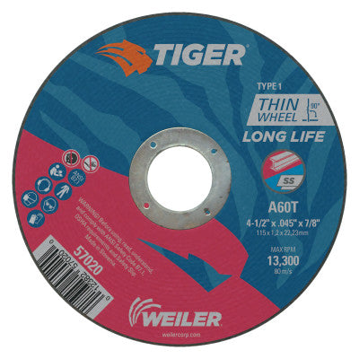 Weiler® Tiger® Thin Cutting Wheel, 4-1/2 in Diameter, 3/32 in Thick, 7/8 in Arbor, Grit 60, 57081