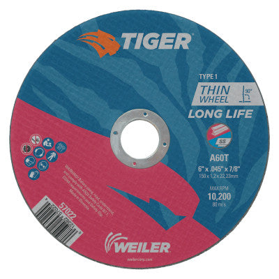 Weiler® Tiger® Aluminum Oxide Flat Type 1 Cutting Wheel, 6 in dia x 0.045 in, 7/8 in Arbor, 60 Grit, T Hardness, 57022