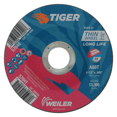 Weiler® Tiger® Thin Cutting Wheel, 4-1/2 in dia, 0.045 in Thick, 7/8 in Arbor, 60 Grit, Aluminum Oxide, Type 27, 57041