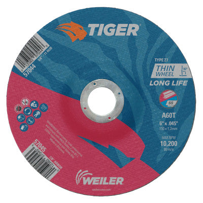Weiler® Tiger® Thin Cutting Wheel, 6 in Dia, .045 in Thick, 7/8 in Arbor, Grit 60, 57045