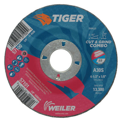 Weiler® Tiger Combo Wheels, 4 1/2 in Dia, 7/8 in Arbor, 30 Grit, 57101