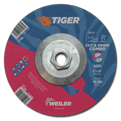 Weiler® Tiger Combo Wheels, 6 in Dia., 1/8 in Thick, 24 Grit, Aluminum Oxide, 57108