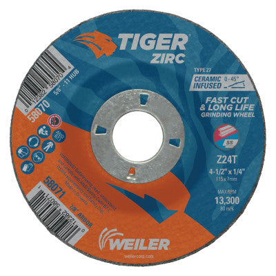 Weiler® Tiger® Zirc Grinding Wheel, 4-1/2 in Dia, 1/4 in Thick, 7/8 in Arbor, 58071