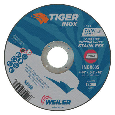 Weiler® Tiger™ Inox Thin Cutting Wheel, 4-1/2 in Diameter, .045 in Thick, 7/8 in Arbor, 58100
