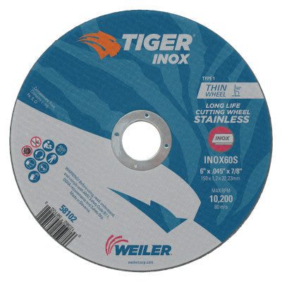 Weiler® Tiger® Inox Thin Cutting Wheel, 6 in Dia, .045 in Thick, 7/8 in Arbor, 58102