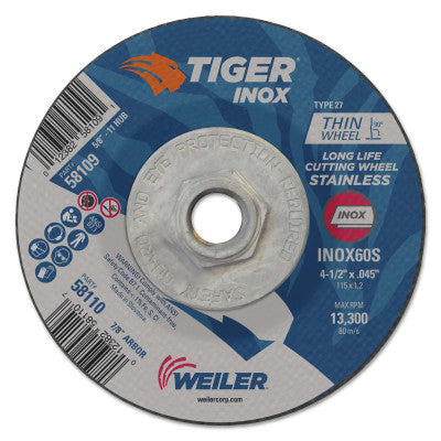 Weiler® Tiger™ Inox Thin Cutting Wheel, 4.5 in Diameter., 0.045" Thick, 60 Grit, Aluminum Oxide, 58109