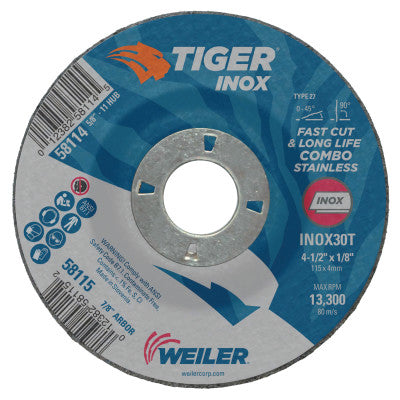 Weiler® Tiger Inox Combo Wheels, 4.5 in Dia, 1/8 in Thick, 5/8 in-11 Arbor, 58115