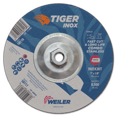 Weiler® Tiger Inox Combo Wheels, 7 in Dia., 1/8 in Thick, 30 Grit, Aluminum Oxide, 58116