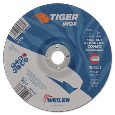 Weiler® Tiger Inox Combo Wheels, 7 in Dia., 1/8 in Thick, 7/8 in Arbor, 30 Grit, 58117