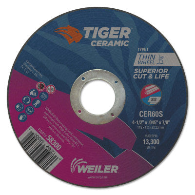 Weiler® Tiger™ Ceramic Cutting Wheel, 4.5 in Diameter, 0.045in Thick, 24/bx, 58300