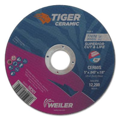 Weiler® Tiger Ceramic Cutting Wheels, Type 27, 3 in Dia., 1/16 in Thick, 1/4 in Arbor, 58345
