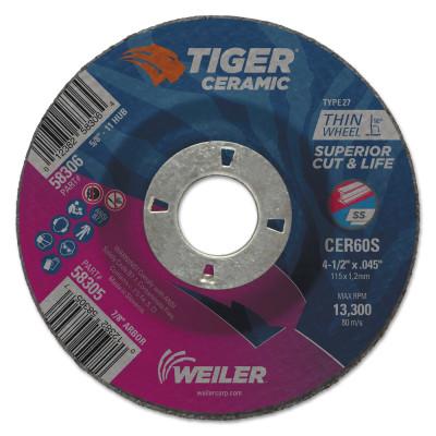 Weiler® Tiger™ Ceramic Cutting Wheel, 4.5in Diameter, 0.045 in Thick, 7/8 in Arbor, 24/bx, 58305
