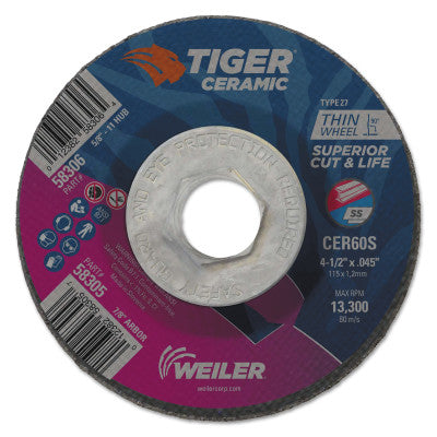 Weiler® Tiger™ Ceramic Cutting Wheel, 4.5 in Diameter., 0.045 in Thick, 60 Grit, Ceramic Alumina, 58306