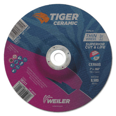 Weiler® Tiger Ceramic Cutting Wheels, Type 27, 7 in Dia., 0.06 in Thick, 7/8 in Arbor, 58311