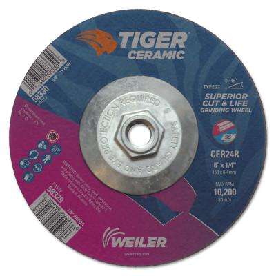 Weiler® Tiger Ceramic Grinding Wheels, 6 in Dia., 1/4 in Thick, 24 Grit, Ceramic Alumina, 58330