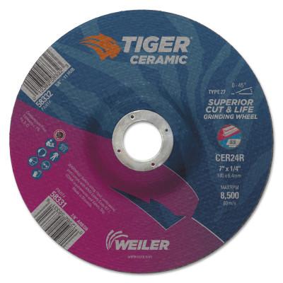 Weiler® Tiger Ceramic Grinding Wheels, 7 in Dia, 1/4 in Thick, 7/8 in Arbor, 10/bx, 58331
