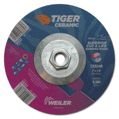 Weiler® Tiger Ceramic Grinding Wheels, 7 in Dia, 1/4 in Thick, 5/8 in Arbor,10/bx, 58332