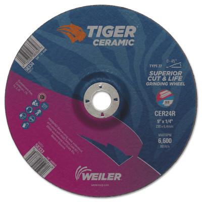 Weiler® Tiger Ceramic Grinding Wheels, 9 in Dia., 1/4 in Thick, 7/8 in Arbor, 24 Grit, 58333