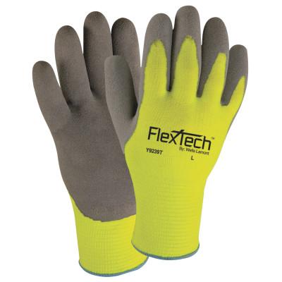 Wells Lamont FlexTech Hi-Visibility Knit Thermal Gloves w/Latex Palm, Large, Gray/Green, Y9239TL