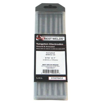 ORS Nasco Tungsten Electrode, 2% Ceria Ground, 7 in, Size 3/16, 5/PK, 3167GC2